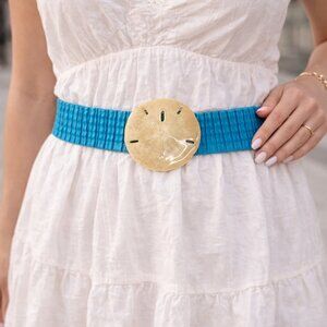 Vtg. Wide Elastic Blue Belt W/A Polished/Resin Coated Sand Dollar Buckle 28"
